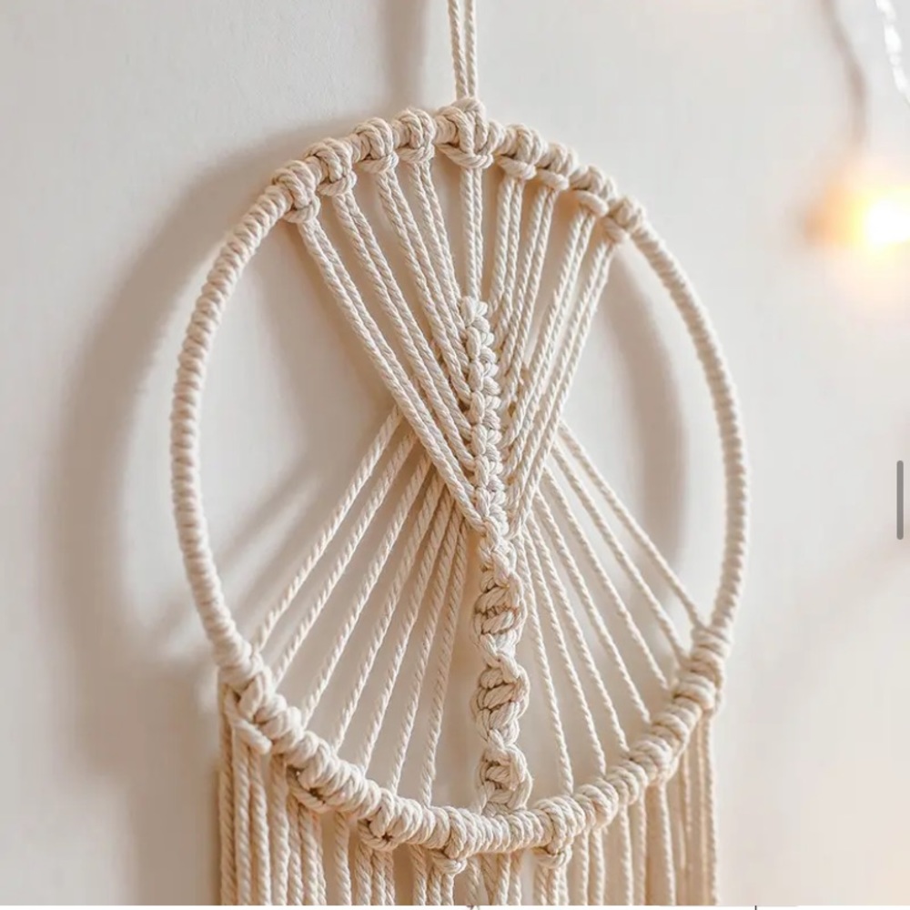 Macramé Wall Hanging with Feather Accents & light Boho Wall Art Tapestry Home - Picture 2 of 3
